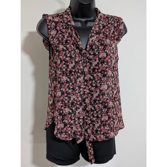 Forever21 Sheer Black Floral Sleeveless Blouse Ruffled Button Down Small - Picture 1 of 6